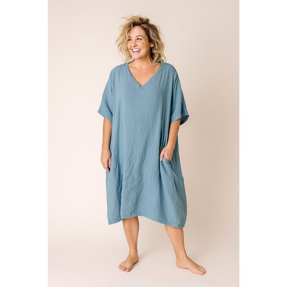 Bryn Walker Dress Womens L Turquo Blue Linen Short Sleeve Made in USA Minimalist - Picture 1 of 10